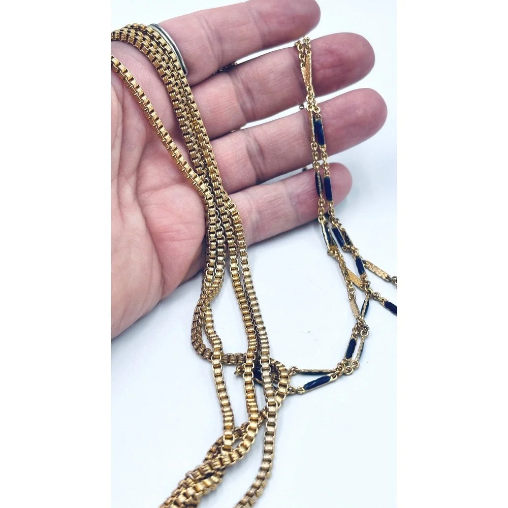2 Les Bernard Inc Vintage Gold Tone Box Chain and Blue Enamel Necklace Set 2pc